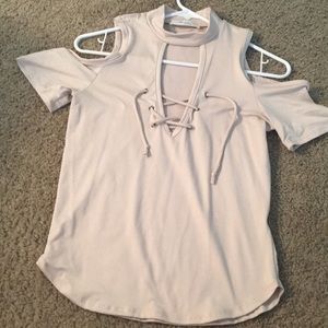 Tan, Lace Up Front, Cold Shoulder Top